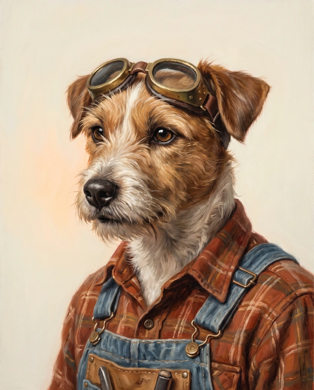 Doc, a Jack Russell in workshop goggles and overalls