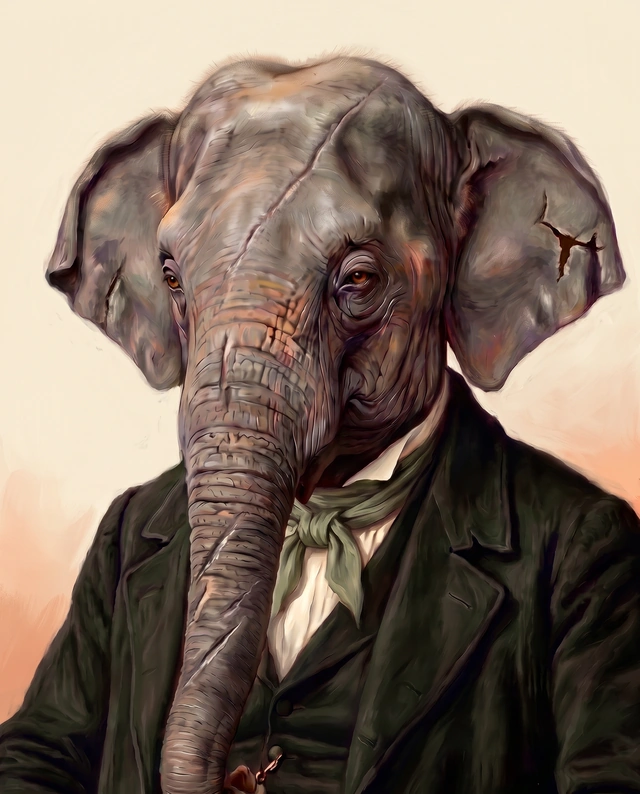 Halvard, an elephant in a dark green coat