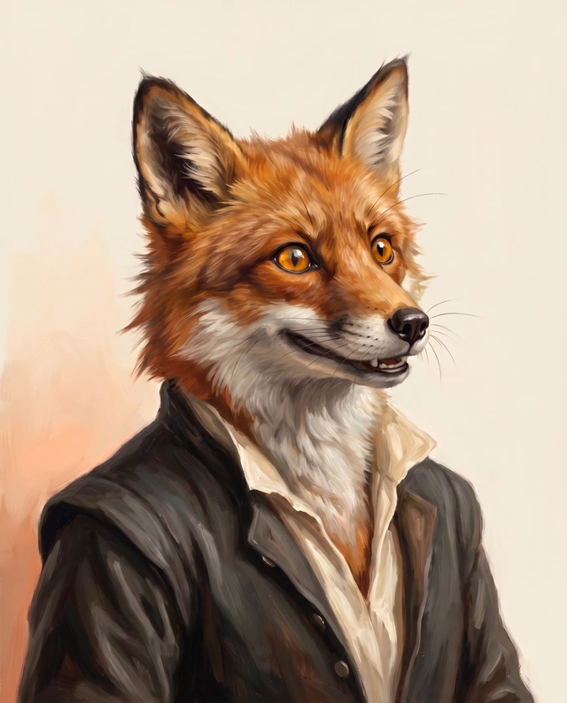 Lazlo, a red fox in a dark open-collar coat