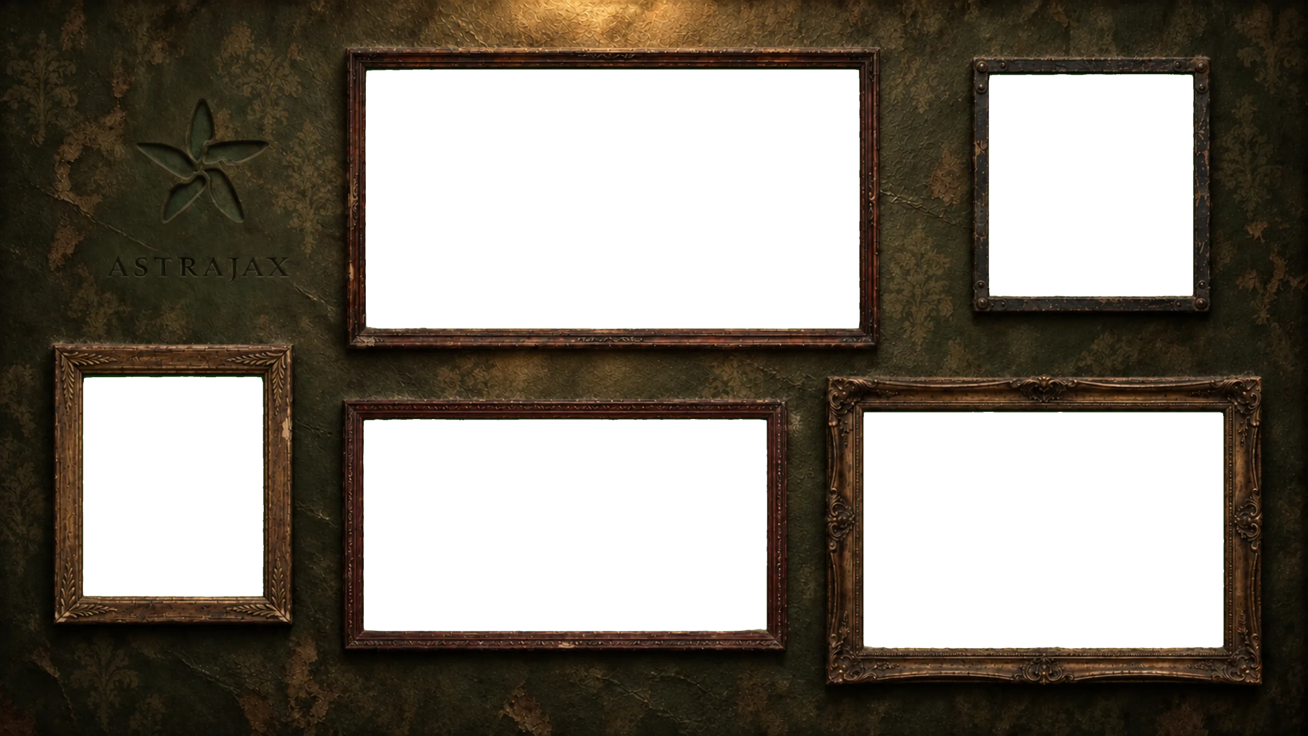 Dark damask gallery wall with five ornate frames and the AstraJax mark embossed upper left